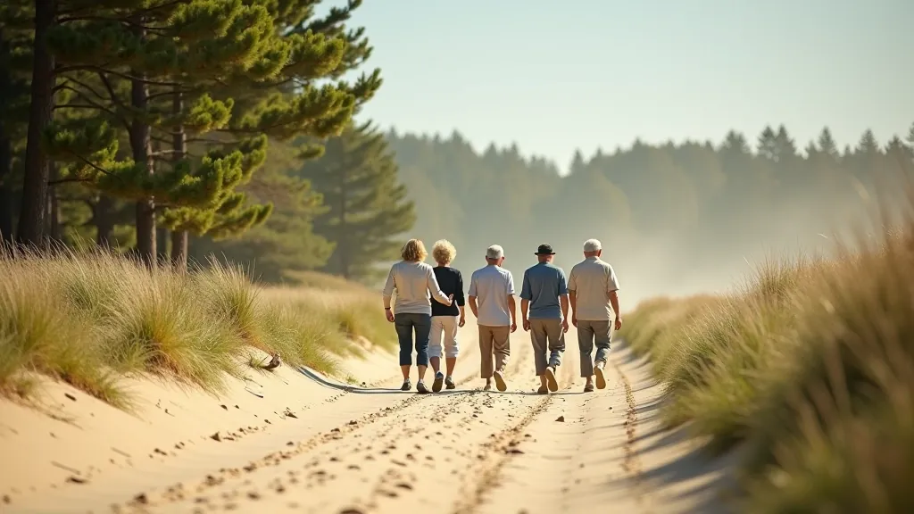 Grupa senioru pārgājiena laikā Bernātu parka smiltajos ceļos